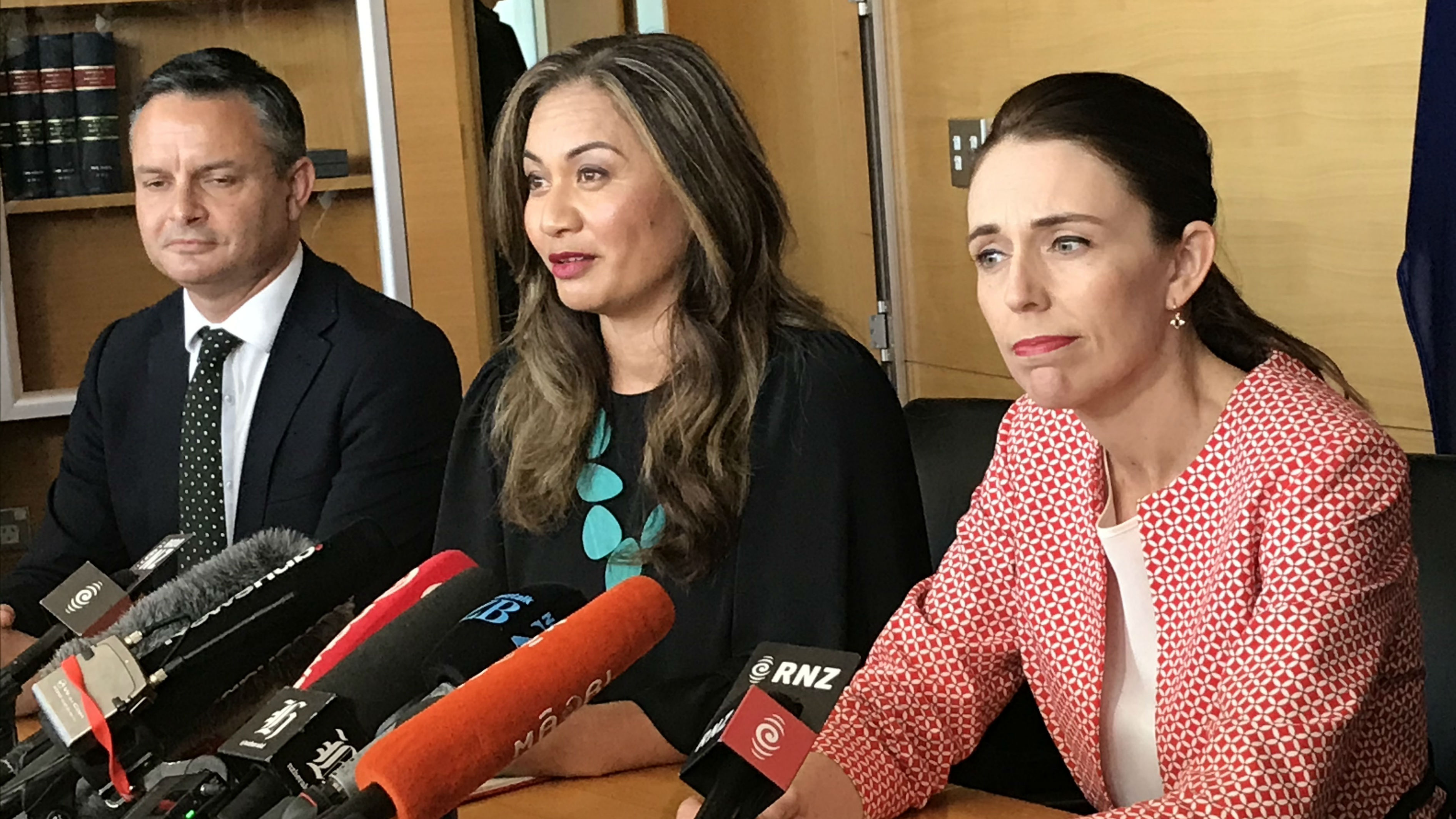 James Shaw, Marama Davidson and Jacinda Ardern at the signing. (Photo / NZ Herald)