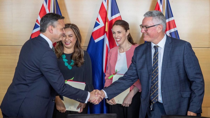 James Shaw, Marama Davidson, Jacinda Ardern and Kelvin Davis. (Photo / NZ Herald)