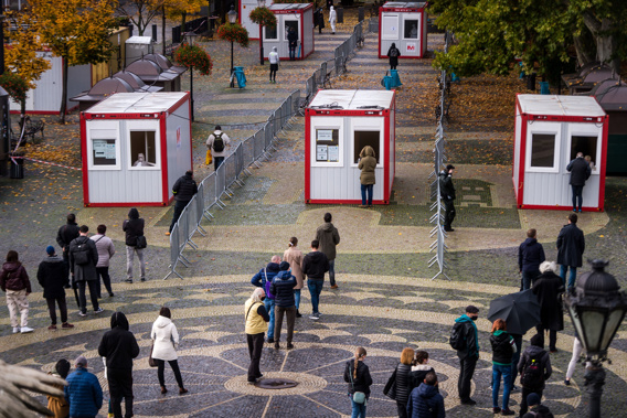 People queue for a coronavirus test during nationwide testing in Bratislava, Slovakia on October 31, 2020.