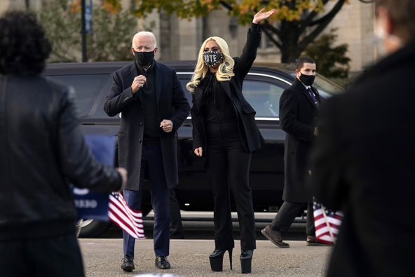 Democratic presidential candidate former Vice President Joe Biden stands with Lady Gaga at Schenley Plaza in Pittsburgh. Photo / AP