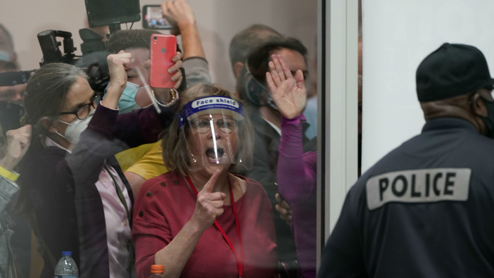 Election challengers yell as they look through the windows of the central counting board as police were helping to keep additional challengers from entering due to overcrowding in Detroit. (Photo / AP)