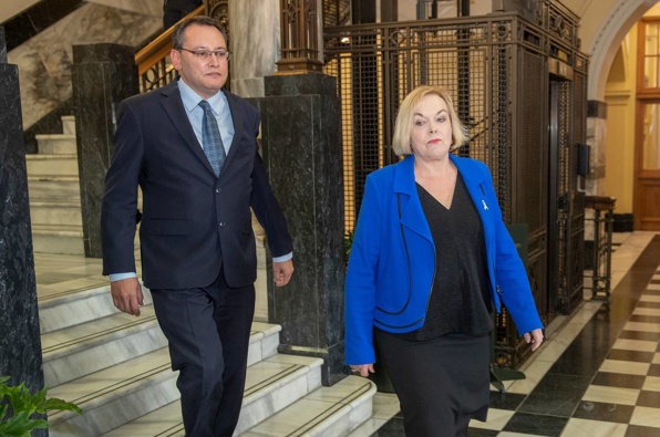 National leader Judith Collins and new deputy Shane Reti after their caucus vote at Parliament in Wellington today. (Photo / Mark Mitchell)