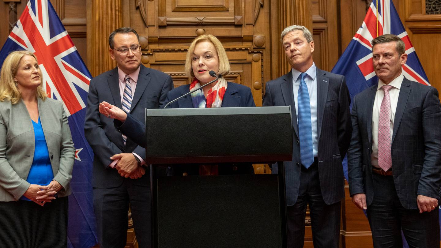 National leader Judith Collins with senior MPs, from left, Louise Upston, Shane Reti, Andrew Bayly and Michael Woodhouse. Photo / Mark Mitchell