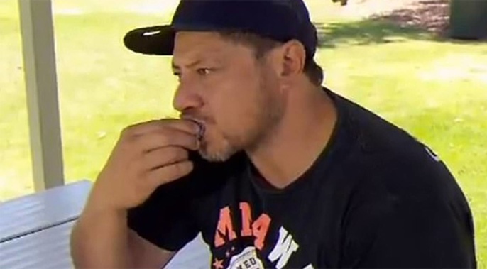 Tommy Keefe eating some more rum-and-raisin balls as he recounted his story on Saturday. Photo / 9 News