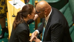 Prime Minister Jacinda Ardern greets Maori Party co-leader Rawiri Waititi before they are sworn in. Photo / Mark Mitchell
