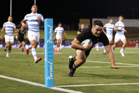 Will Jordan scores one of his two tries against the Pumas. Photo / Getty