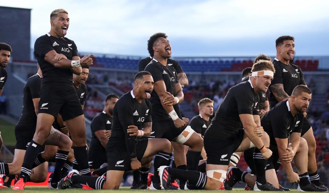The New Zealand All Blacks perform the haka prior to the 2020 Tri-Nations match between Argentina and the All Blacks in Newcastle. Photo / AP