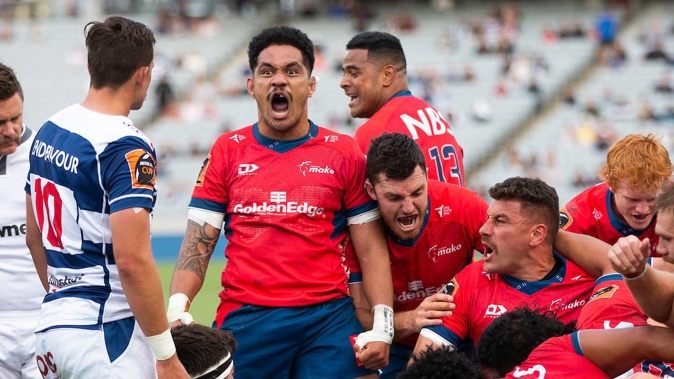 Sione Havili celebrates Tasman's try. Photo / Photosport