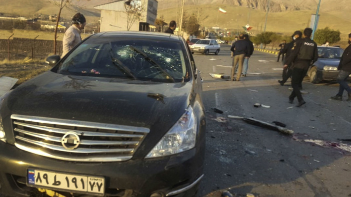 This photo released by the semi-official Fars News Agency shows the scene where Mohsen Fakhrizadeh was killed in Absard, a small city just east of the capital, Tehran, Iran,