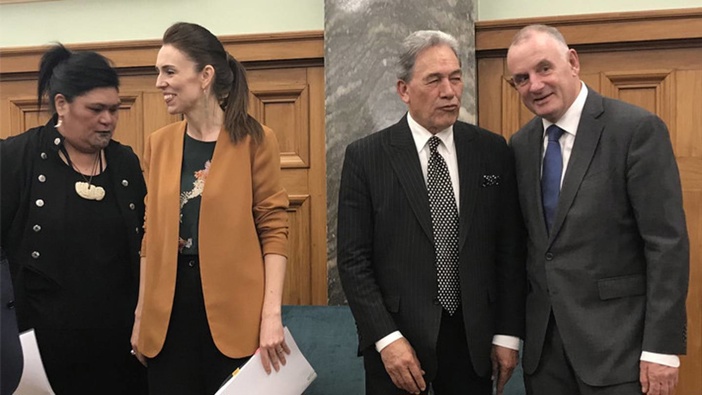 New Foreign Minister Nanaia Mahuta, PM Jacinda Ardern, Winston Peters and Speaker Trevor Mallard at Parliament. Photo / Audrey Young