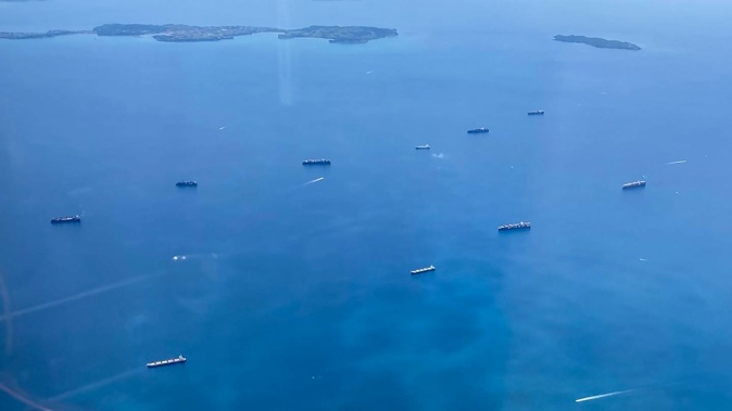 About 10 ships could be seen at anchor in the Hauraki Gulf this morning as they wait to be processed by the Ports of Auckland. Photo / Niki Bezzant