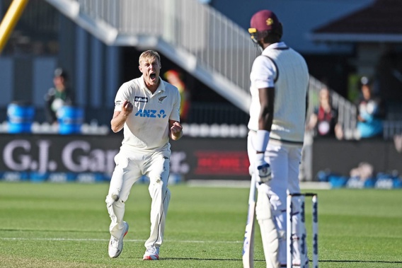 Kyle Jamieson celebrates the wicket of Jason Holder. Photo / Photosport