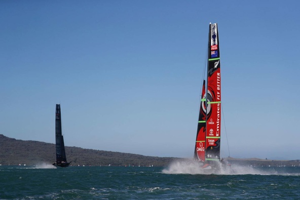 Team New Zealand trailing American Magic during the final race of the first day of the World Series. Photo / Dean Purcell