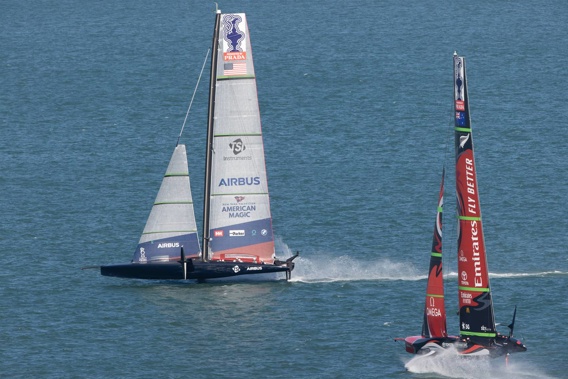 American Magic and Team New Zealand during Race 4. Photo / Brett Phibbs