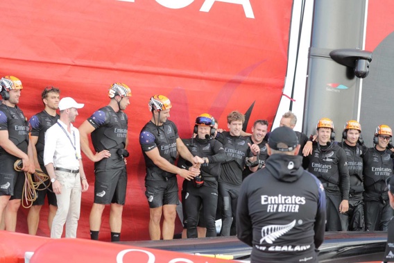 Emirates Team New Zealand crew celebrate beating Luna Rossa Prada Pirelli in rac 3 on day three of the ACWS America's Cup World Series Christmas Regatta. Photo / Michael Craig.