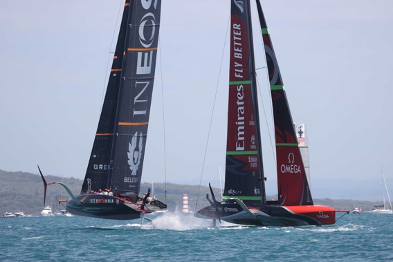 Team New Zealand Te Rehutai and INEOS Team UK Britannia in race one of the Christmas Race. (Photo / Brett Phibbs)