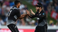 Ish Sodhi and Kane Williamson celebrate a wicket. Photo / Photosport