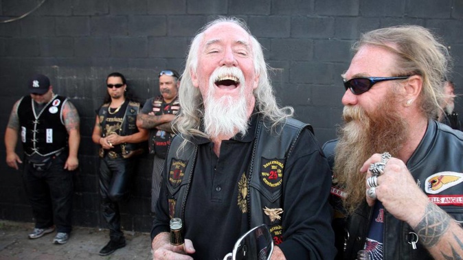 Descendants bikie gang leader Tom Mackie (front left) at a gang summit at the Descendants' Adelaide headquarters in 2009. Photo / Advertiser