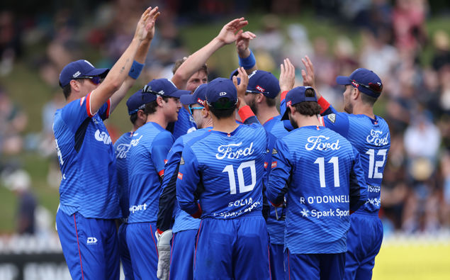 Aces celebrate Firebirds' Finn Allen being caught during the Super Smash cricket match between the Wellington Firebirds & Auckland Aces. (Photo / Photosport)
