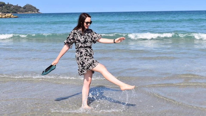 Frances Cook in a Portmans dress found in the Salvation Army store for $15, and Ziera flats found on TradeMe for $12. Photo / Ben Reed