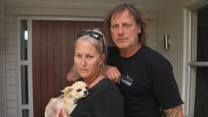 Kelvin Cruickshank and partner Aenea Berge with their chihuahua Pearl, shot with a .22 rifle on their property on New Year's Eve. Photo / Peter de Graaf