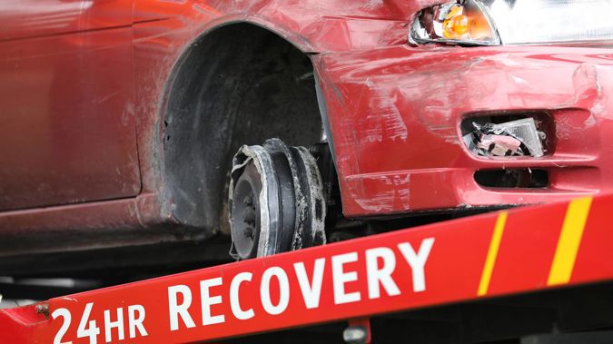 The destroyed tyre and rim of the vehicle. Photo / Hayden Wooodward