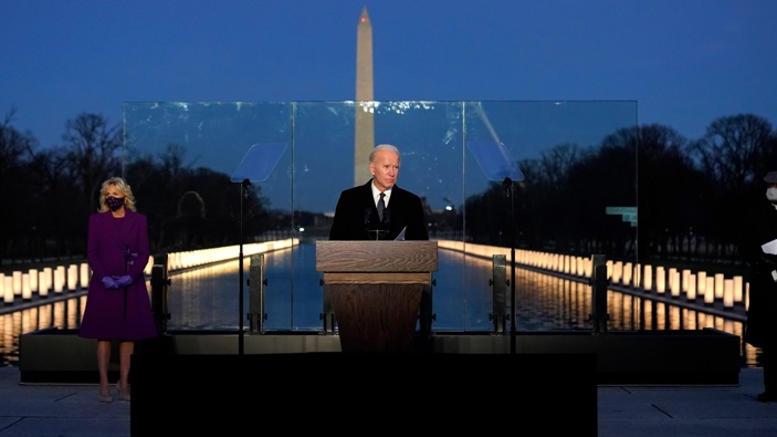 President-elect Joe Biden speaks during a COVID-19 memorial, with lights placed around the Lincoln Memorial Reflecting Pool. (Photo / AP)