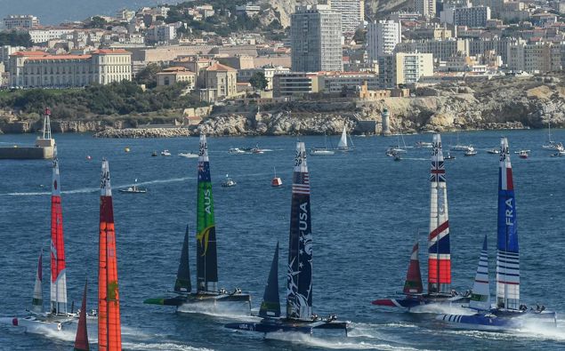 The fleet at the start of the final SailGP event of Season 1 in Marseille, France last year. Photo / Jon Buckle for SailGP