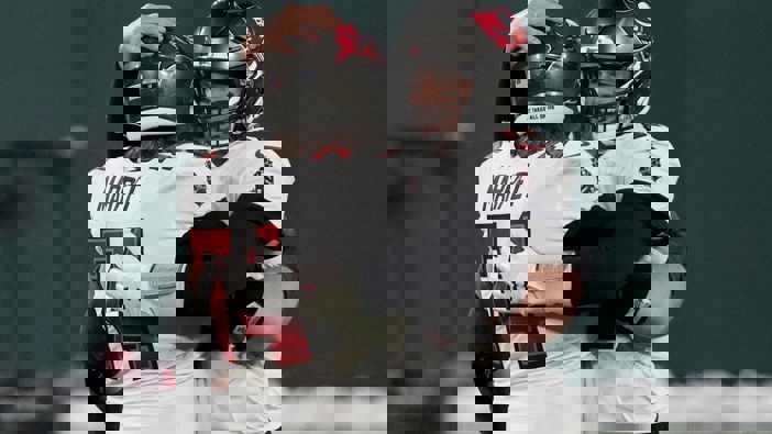 Tampa Bay Buccaneers quarterback Tom Brady (12) celebrates with Ali Marpet after winning the NFC championship NFL football game. Photo / AP