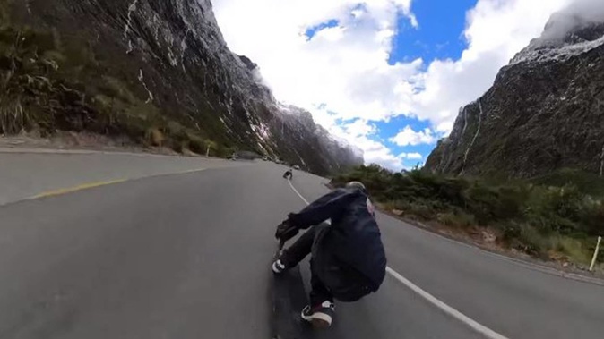 One of New Zealand's most iconic travel destinations has been shown off in a rather unique yet spine-tingling fashion thanks to two brave skateboarders. Photo / Levi Hawken / Facebook