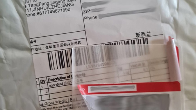 The sender's address was partially missing but appears to have come from somewhere in China. Photo / Supplied