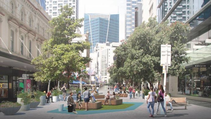 The pocket park that will occupy the Fort and Queen Street intersection at some point in 2021. Photo: LandLAB / Auckland Council