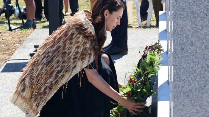 Jacinda Ardern launched the Aotearoa NZ histories curriculum while visiting a memorial to 12 British soldiers killed at Ruapekapeka in 1846. Photo / Peter de Graaf