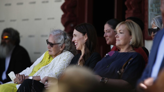 Prime Minister Jacinda Ardern, Judith Collins and other dignitaries at the Upper Marae Waitangi. (Photo / Michael Cunningham)