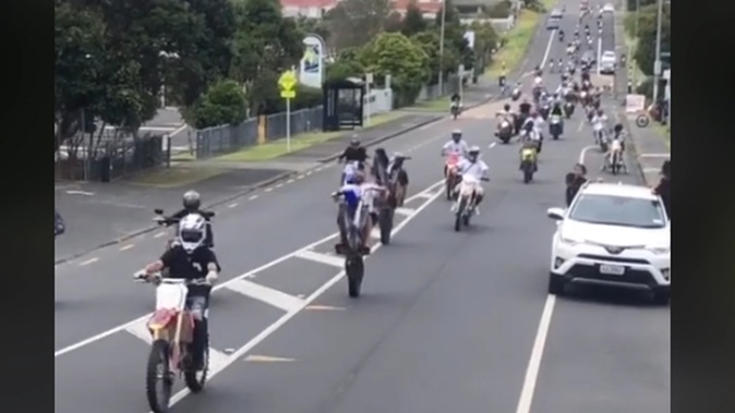 Reckless dirt bike riders during the organised Waitangi Day ride seen here on Richardson Rd in Mt Roskill. Photo / Supplied