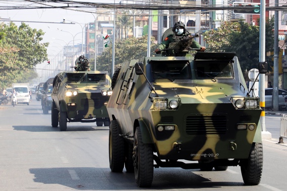 A military convoy heads through Myanmar streets. Photo / Getty Images