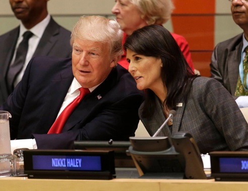 Former US ambassador to the United Nations, Nikki Haley, with Former President Donald Trump at the UN Headquarters in New York. Photo / AP