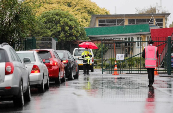 Papatoetoe High School's pop-up Covid-19 testing station on Monday, when long queues formed on the first day of the latest lockdown. Photo / Dean Purcell