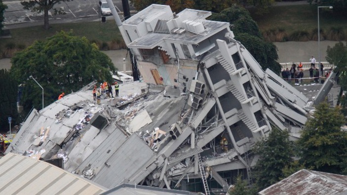 An aerial view of rescue workers searching for survivors on the Pyne Gould Corporation building which collapsed after the 6.3 earthquake in Christchurch. (Photo / NZ Herald)