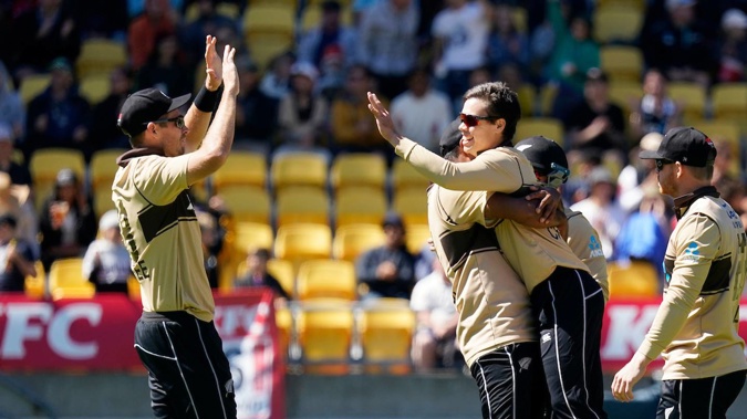 Mark Chapman celebrates his first international wicket after dismissing Glenn Maxwell. Photo / Photosport