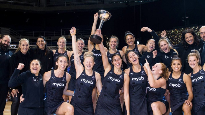 The Silver Ferns celebrate claiming the Constellation Cup for the first time in nine years. Photo / Photosport