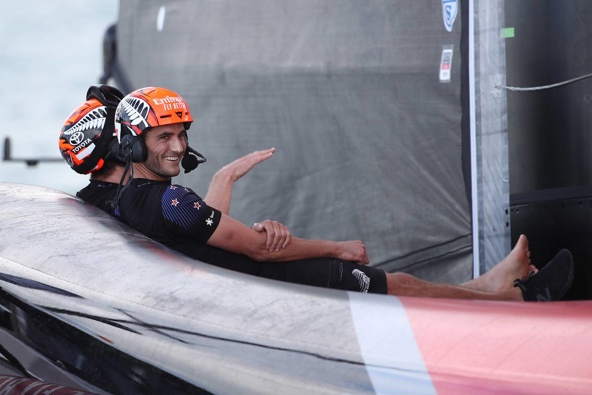 Emirates Team New Zealand members Peter Burling and Blair Tuke wait for the start of America's Cup Race number 7 on Auckland Harbour yesterday. Photo / Getty Images