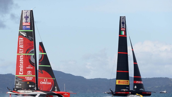 Luna Rossa Prada Pirelli Team leads Emirates Team New Zealand during America's Cup Race #8 between Emirates Team New Zealand and Luna Rossa. Photo / Getty Images.