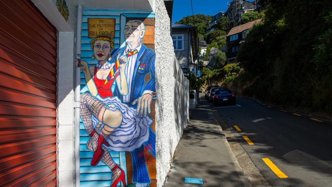 A mural tribute to a long-time brothel owner on property owned by Gareth and Jo Morgan has ruffled feathers in a swanky Wellington street. Photo / Hagen Hopkins