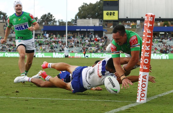 Roger Tuivasa-Sheck's stunning try-saver on Jordan Rapana. Photo / Getty