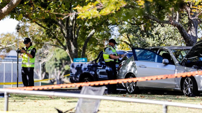Police at Pigeon Mountain Primary School in Bucklands Beach, Auckland, where a child was struck by a car. Photo / Dean Purcell