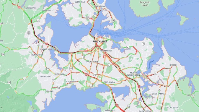 Live traffic maps on Google show the extent of the gridlock around the city. Image / Google