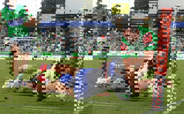 Roger Tuivasa-Sheck's stunning try-saver on Jordan Rapana. Photo / Getty