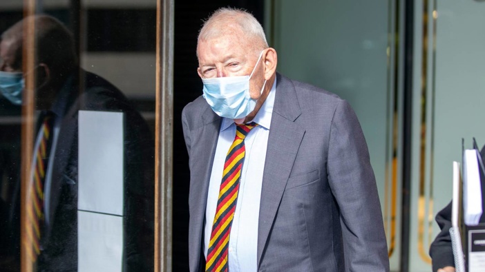 Sir Ron Brierley leaving a Sydney court after admitting possession of child sex abuse materials. Photo / Liam Mendes