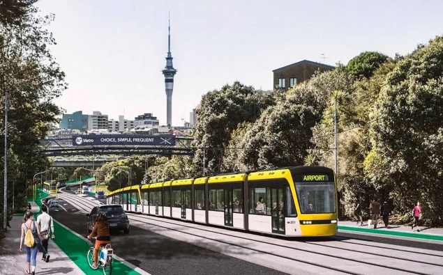 Artist's impression of a tram travelling along Auckland's Ian McKinnon Drive. (Photo / Supplied)